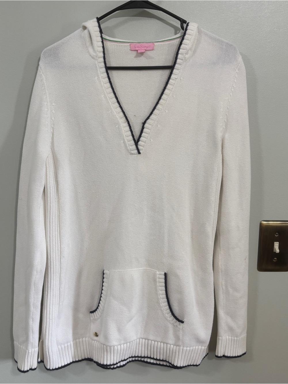 Lilly Pulitzer White V-Neck knit hooded Pullover Sweater size medium